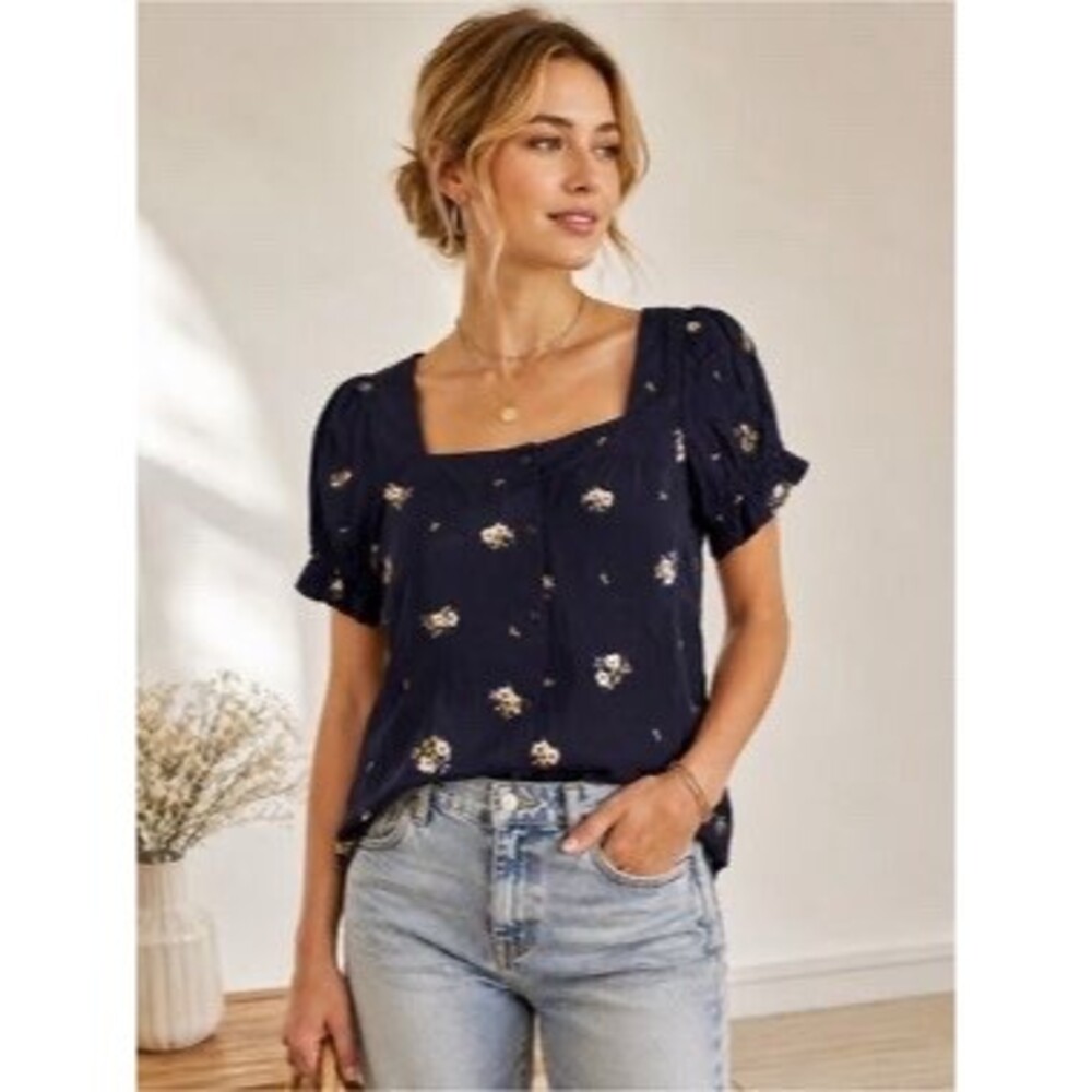 Elodie Blouse Womens XS Navy Blue Floral Puff Sleeve Square Neck Button